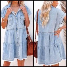 Super Cute Short Denim Dress. Snaps. Short Sleeve. Loose Fitting. Very Soft And Comfy. Short Sleeve Chambray Dresses With Pockets, Summer Dresses In Dark Wash With Buttons, Chambray Short Sleeve Dress With Pockets, Summer Denim Dress With Pockets, Dark Wash Buttoned Summer Dress, Summer Dark Wash Buttoned Dress, Non-stretch Button-up Denim Dress, Casual Button-up Mini Dress In Medium Wash, Denim Dresses With Buttons And Short Sleeves