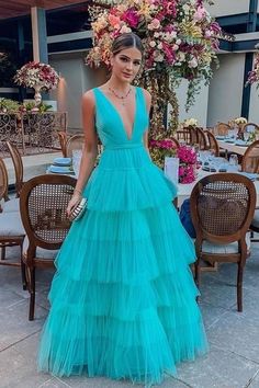 Deep V-neckline Tulle Prom Dress Tiered Skirt Long Party Gowns sold by NarsBridal on Storenvy Long Party Gowns, Afrikaanse Mode, Dress Idea, Dress Cake, A Line Prom Dresses, Skirt Long, Tulle Prom Dress, Tier Skirt, Party Gowns