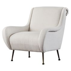 an upholstered white chair with black legs and a buttoned armrests