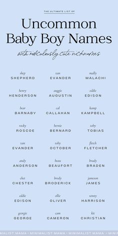 the uncommon baby boy names are shown in black and white on a light blue background