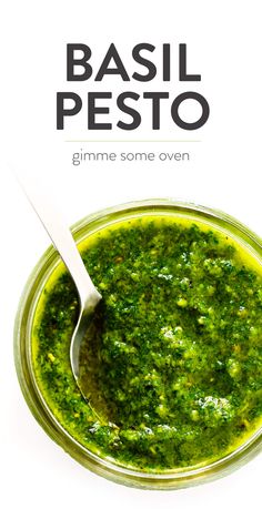 basil pesto in a jar with a spoon on the side and text overlay reading basil pesto gimme some oven