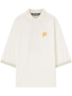 white/yellow cotton piqué weave embroidered logo at the chest logo print to the rear polo collar drop shoulder short sleeves straight hem Angels Logo, City Shorts, Polo Shirt White, Balenciaga Triple S, Cotton Polo Shirt, Custom Watch, Summer Beach Wear, Short Suit, Palm Angels