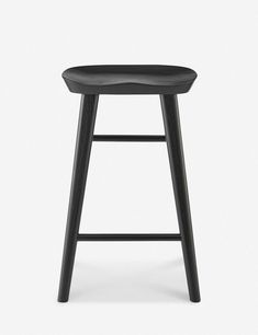 a black stool with a wooden seat and back rest on a white background, front view