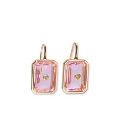 Tile Earrings in Pale Pink. Gold-plated earwires with light pink rectangular glass stones and tiny peridot gems. Single Pink 14k Gold Earring, Fine Jewelry Pink Gold Gemstone Earrings, Pink Gold Gemstone Earrings Fine Jewelry, Pink Gold Gemstone Earrings In Fine Jewelry Style, Gold Plated Earrings With Gemstone Accents, Gold Jeweled Fine Jewelry Earrings, Pink Faceted Drop Earrings, Gold-plated Yellow Gold Earrings With Gemstone Accents, Elegant Pink Faceted Earrings