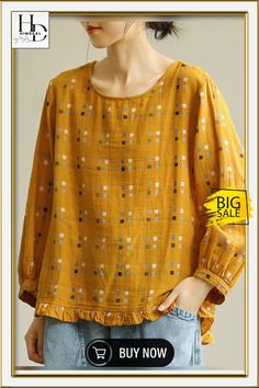 Plus Size - Women Loose Plaid Agaric Cotton Linen Laces T-shirt Куклы American Girl, Linen Harem Pants, Yellow Clothes, Mode Kimono, Lace Tshirt, Lace Tee, Plus Size Vintage, Creation Couture, Maxi Robes