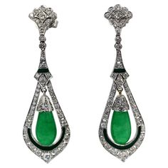 Jade Enamel Diamond Long Earrings | From a unique collection of vintage Drop Earrings at https://www.1stdibs.com/jewelry/earrings/drop-earrings/. Short Haired Women, Diamond Long Earrings, Art Deco Drop Earrings, Long Art, Chinese Heritage, Vintage Drop Earrings, Jeweled Earrings, Earring Stand, Jade Earrings