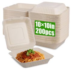 two take out containers filled with spaghetti and sauce