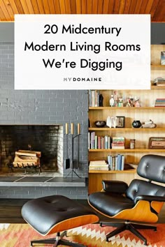 a living room with a fireplace and bookcases on the wall, in front of a bookshelf