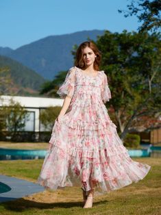 Pink Chiffon Midi Dress With Ruffles For Wedding, Feminine Spring Chiffon Prom Dress, Feminine Spring Chiffon Dress For Prom, Feminine Summer Chiffon Wedding Dress, Feminine Tiered Bridesmaid Dresses, Summer Wedding Chiffon Dress With Ruffles, Spring Feminine Chiffon Dress For Wedding Guest, Spring Wedding Tiered Chiffon Dress, Summer Chiffon Bridesmaid Dress With Ruffles