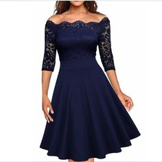 This Stunning Navy Formal Dress Can Actually Be Worn Both Off Shoulders, Or Pulled Up For A More Modest Look. Features Silicone-Lined Shoulder Straps For Stay-Put Wear & A Zippered Side. The Fit & Flare Shape Is Very Flattering, Especially For Ladies With Curves! Brand New With Tags! Width P2p 17.5 Waist 15.5 Skirt Length 24 Feel Free To Ask Any Additional Questions! I Am Friendly & Flexible With Offers. Create Even Bigger Discounts With A Bundle! Burgundy Clothing, Lace Wedding Guest Dress, Wedding Guest Dress Midi, Women Lace Dress, Elegant Sophisticated, Lace Skater Dress, Off Shoulder Fashion, Lace Dress Black, Cocktail Dress Lace