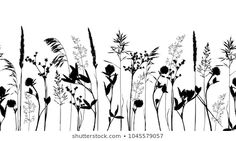 black and white silhouettes of wildflowers on a white background with space for text