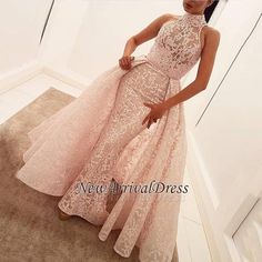 Pink Lace Prom Dress, Mermaid High, Popular Prom Dresses, Evening Dress Long, Gaun Fashion, Lace Prom Dress, Pearl Pink, Illusion Dress, High Neck Sleeveless