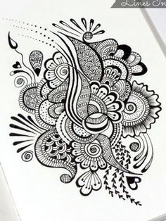 a black and white drawing of an abstract flower design with lots of details on it