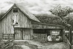 a drawing of an old barn with a car in the doorway