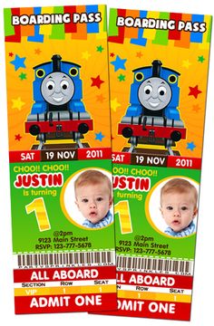 two ticket cards for a thomas the train birthday party, with one child's face on