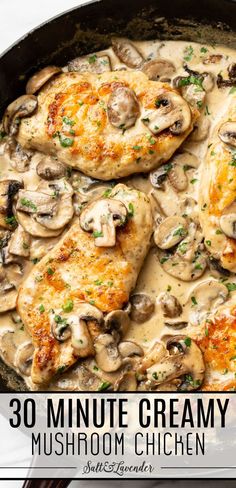 a skillet with chicken in sauce and text overlay that reads 30 minute creamy mushroom chicken Recipes With Cream Of Mushroom, Chicken Recipes With Cream, Stove Top Chicken Recipes, Sugar Foods, Stove Top Chicken, Creamy Mushroom Chicken, Creamy Chicken Recipes, Chicken Mushroom Recipes, Creamy Garlic Chicken