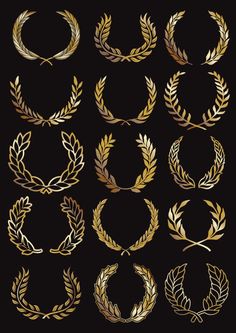 a set of golden laurel wreaths on black background