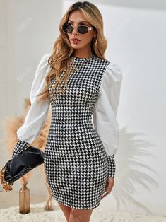 Free Returns ✓ Free Shipping✓. SHEIN Frenchy Houndstooth Panel 2 In 1 Dress- Women Short Dresses at SHEIN. Chic Maxi Dresses, Houndstooth Dress, 21st Dresses, Mini Dresses For Women, One Piece Dress, Inspiration Mode, Mini Fashion, Glamorous Evening Gowns, Bodycon Mini Dress