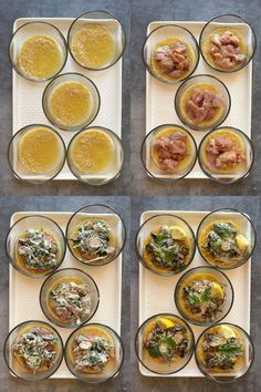 four plates with different types of food on them, all in glass bowls and lined up next to each other