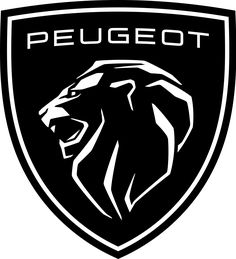 a black and white logo with the word peugeot on it's side