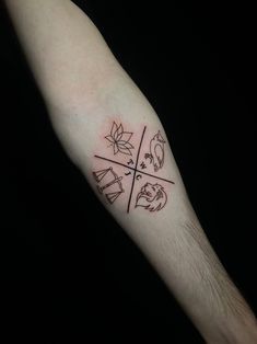 a person with a tattoo on their arm that has four different symbols in the middle