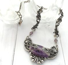 $78.99, FOLD OVER TOP OF STONE, LONG CHAIN PIECES.......Silver Victorian Necklace Purple Statement by KarenTylerDesigns Crystal Purple, Jewelry Victorian, Victorian Necklace, Jewelry Purple, Natural Stone Necklace, Gemstone Pendant Necklace, Necklace Purple, Steampunk Necklace, Sun City