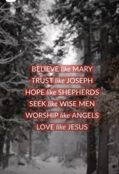 an image with the words believe like mary trust like joseph hope like shepherds seek like wise men worship like angels love like jesus