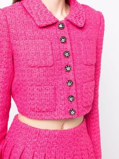 Self-Portrait Bouclé Buttoned Cropped Jacket - Farfetch Ganni Jacket, Tweed Cropped Jacket, Japan Jeans, Lamb Leather Jacket, Cropped Puffer Jacket, Boucle Jacket, Latest Fashion Design, Short Cardigan, Fuchsia Color