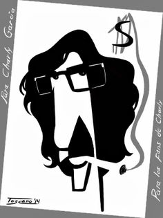 a black and white drawing of a woman with glasses on her face, next to a dollar sign