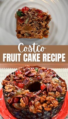 a close up of a cake on a plate with the words costa fruit cake recipe above it