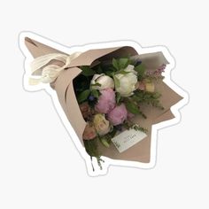 a bouquet of flowers is wrapped in brown paper with a white bow on it sticker