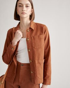 Your go-to jacket for transitional weather. The super-soft organic stretch twill and functional patch pockets will have you reaching for this jacket every day of the week. With a standard fit, this is perfect for layering over a hoodie, or simply pairing with a t-shirt.  | Quince | Women's Organic Comfort Stretch Chore Jacket in Rust, Size XS, Organic Cotton Cotton Outerwear With Patch Pockets For Fall, Utility Blazer With Patch Pockets For Fall, Fall Utility Blazer With Patch Pockets, Cotton Outerwear With Pockets For Fall, Trendy Workwear Outerwear With Multiple Pockets, Trendy Relaxed Fit Blazer With Pockets, Cotton Blazer With Multiple Pockets, Trendy Everyday Outerwear With Patch Pockets, Casual Shacket With Cargo Pockets For Fall