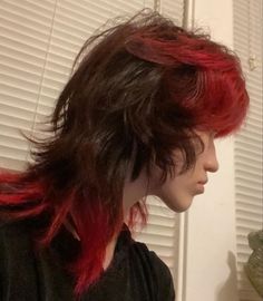 Shag Inspired Hair, Alternative Dyed Hair Ideas, Shag With Color, Unstyled Jellyfish Haircut, Cool Dyed Hair Ideas Short With Bangs, Red Hair Combo, Dark Red Mullet, Red And Black Mullet, Black Shag Haircut