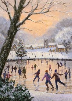 a painting of people skating on an ice rink in the snow with a christmas tree