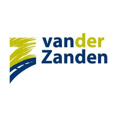 the vander zanden logo is shown in blue and yellow, on a white background