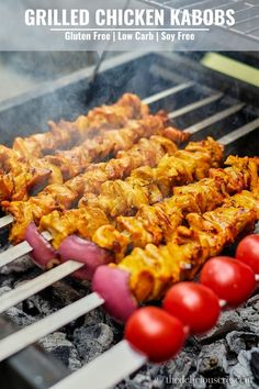 chicken and vegetable skewers being cooked on the grill