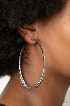 Varying in hammered and diamond-cut textures, three glistening silver bars dramatically curl into an oversized hoop for a glamorous finish. Earring attaches to a standard post fitting. Hoop measures approximately 3 1/4" in diameter.

 Sold as one pair of hoop earrings. Paparazzi Jewelry Images, Gold Bars, Paparazzi Accessories, Silver Bars, Earring Sale, Paparazzi Jewelry, Boutique Jewelry, Silver Hoops, Gold Hoop Earrings