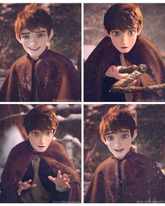 four different pictures of a boy dressed in brown and holding a bird on his hand