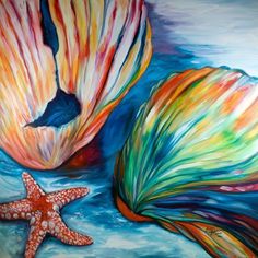 a painting of two seashells and a starfish