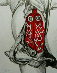 a drawing of a cowboy boot with the word love written on it, in red and white