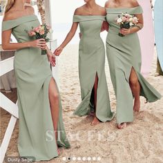 two bridesmaids in green dresses on the beach