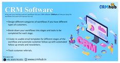 an advertisement for crm software with people working on the computer and other things surrounding it