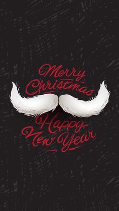 a merry christmas card with white feathers and red lettering on a black background that says happy new year