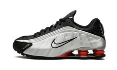 Nike Shox R4 BV1111 008 Black Nike Shox R4, New Nike Shoes, Nike Models, Nike Shox, Stadium Goods, Nike Sports, New Sneakers, Silver Shoes, Nike Sneakers