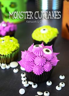 cupcakes decorated with purple and green frosting, sprinkled with googly eyes