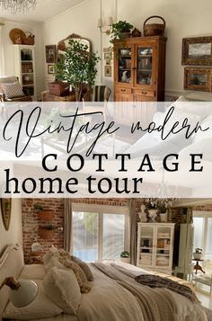 a collage of photos with text overlay reading vintage interior cottage home tour