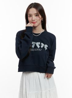 Cozy Ribbon Lettering Sweatshirt OO407 - Casual style | LEWKIN Cute Long Sleeve Sweatshirt For School, Cute Cotton School Sweater, Cute Cotton Sweater For School, Casual Long Sleeve Sweater For School, Cute Winter Tops For School, Cute Crew Neck Sweatshirt For School, Trendy Cotton Sweatshirt For School, Winter School Sweater With Letter Print, Blue Long Sleeve Sweatshirt For School