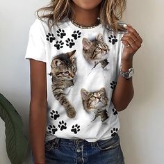 Fabric:Polyester; Sleeve Length:Short Sleeve; Look After Me:Wet and Dry Cleaning,Washable,Machine wash; Gender:Women's; Theme:Painting,3D Cat; Style:Basic; Elasticity:Micro-elastic; Tops Type:T shirt Tee; Occasion:Weekend,Casual; Details:Without Lining; Top Length:Regular; Fit Type:Regular Fit; Pattern:Cat,3D; Design:Print; Neckline:Round Neck; Listing Date:07/01/2022; Clothing Shoulder Width:; Clothing Length:; Bust:; Sleeve:; Print Type:3D Print Cat Fashion, Cat Themed, Printed Sleeves, Sierra Leone, Look Casual, Amelie, Top Casual, Lany