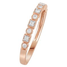 Featuring a series of gorgeous diamonds, this beautiful 10k rose gold milgrain band ring is the a must-add to your fine jewelry collection.Click on this JEWELRY & WATCHES GUIDE to learn about fit, styles, materials and more! Width: 1.8 mm Metal: 10k rose gold Finish: polished Packaging: boxedDIAMOND DETAILS Total weight: 1/10 ct. Shape: round Setting: bezel Diamond weights are approximate. Diamond total weights may vary between .01 and .08 ct. Some diamonds have fewer than 17 facets. Gemstones m Fine Jewelry Collection, Bezel Diamond, A Series, Band Ring, Gold Finish, Band Rings, Jewelry Watches, Jewelry Collection, Fine Jewelry