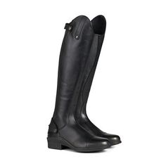 a pair of black riding boots on a white background